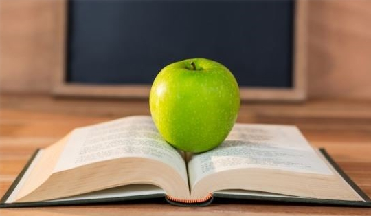 Libro aperto con mela verde